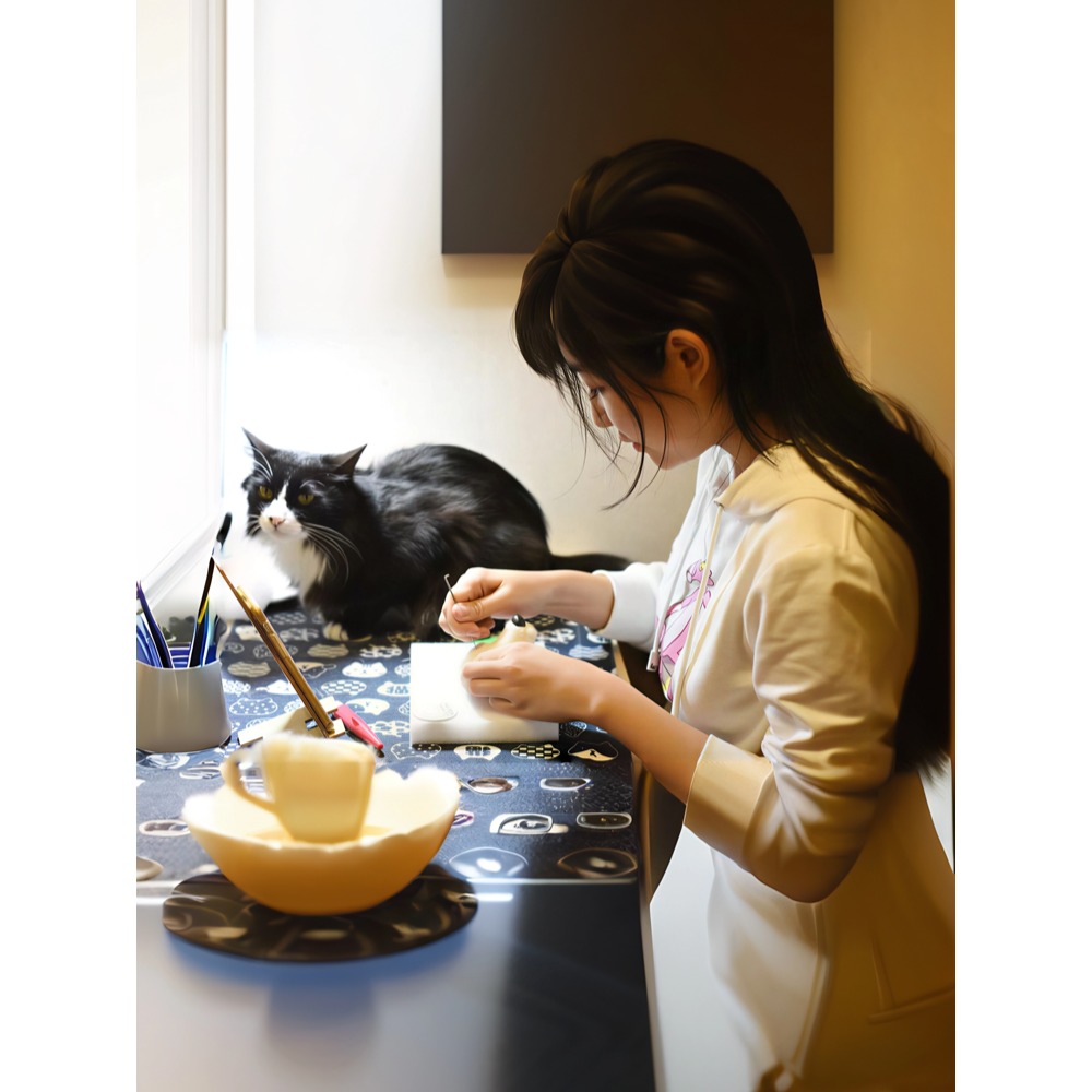 SoulNest founder Lin hand-sculpting a custom needle felted pet replica in her studio, watched by a real cat for lifelike accuracy.