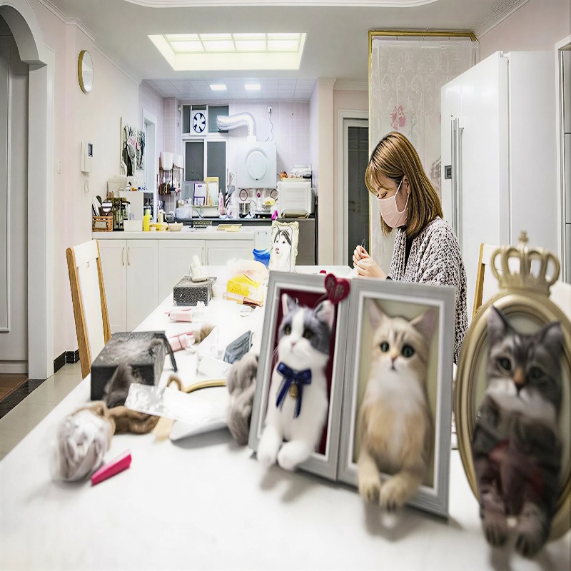 SoulNest founder Lin hand-sculpting a custom needle felted pet replica in her studio, watched by a real cat for lifelike accuracy.