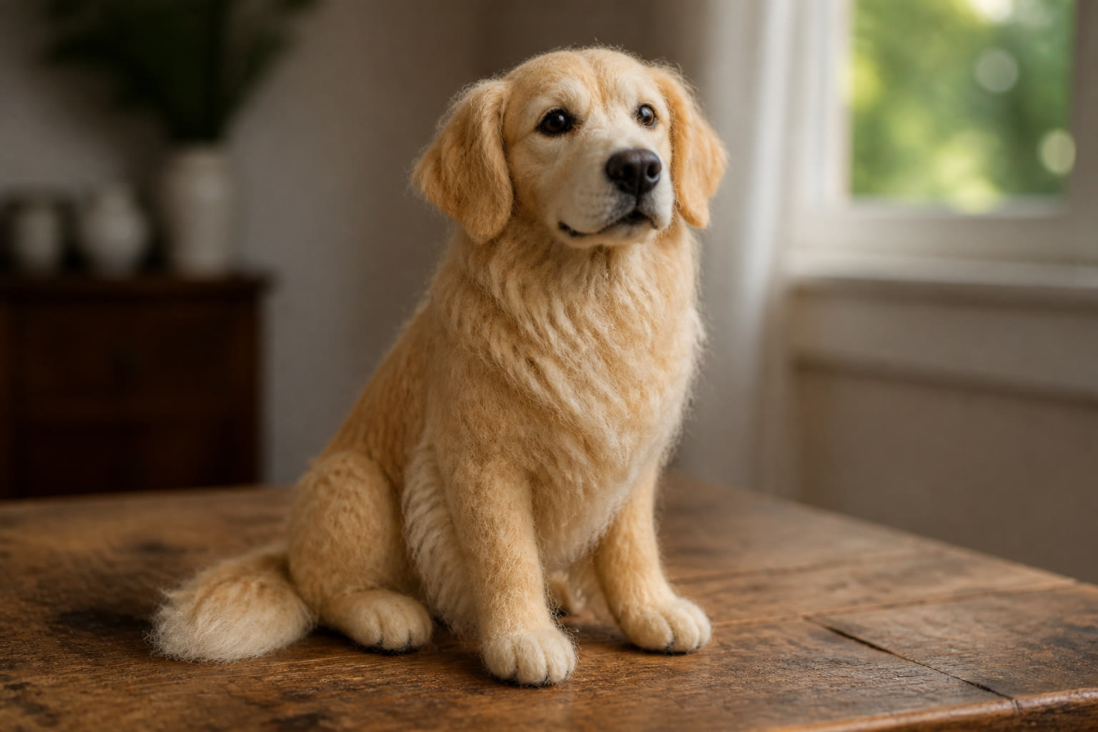 Handmade needle-felted golden retriever pet replica